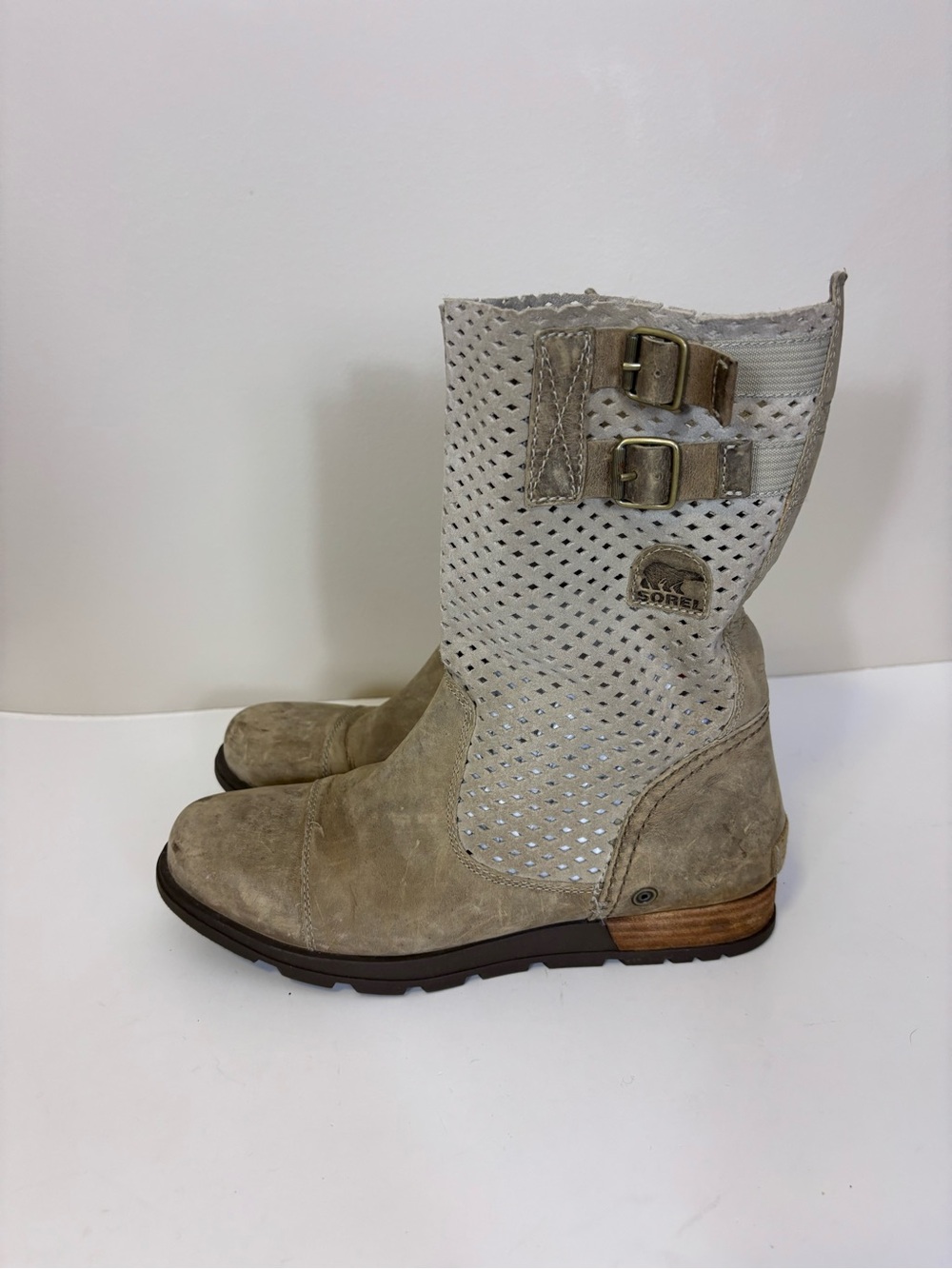 Sorel Women's Beige Perforated Suede Mid-Calf Boots 9